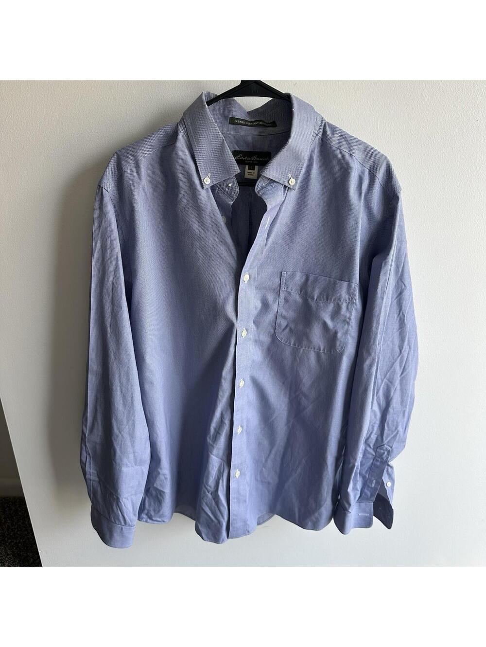 Eddie Bauer Shirt Mens L Blue Mini Check Button Down Wrinkle Resistant Relaxed